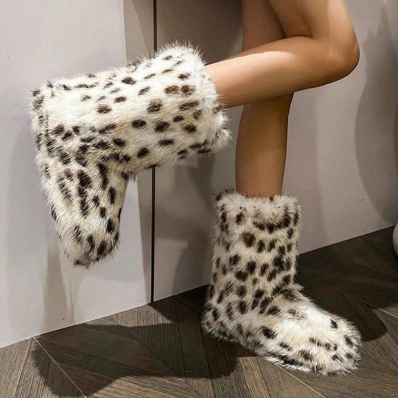 Fashion Leopard Fuzzy Faux Fur Snow Boots Women 2025 Slip On Anti Slip Winter Boots Woman Thick Sole Warm Plush Short Booties