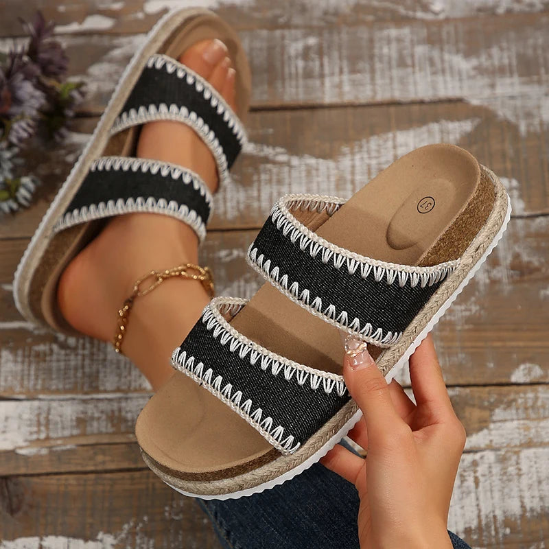Bohemian Style Platform Slippers Women Plus Size 43 Embroidery Denim Thick Bottom Sandals Woman Open Toe Non Slip Summer Sandles