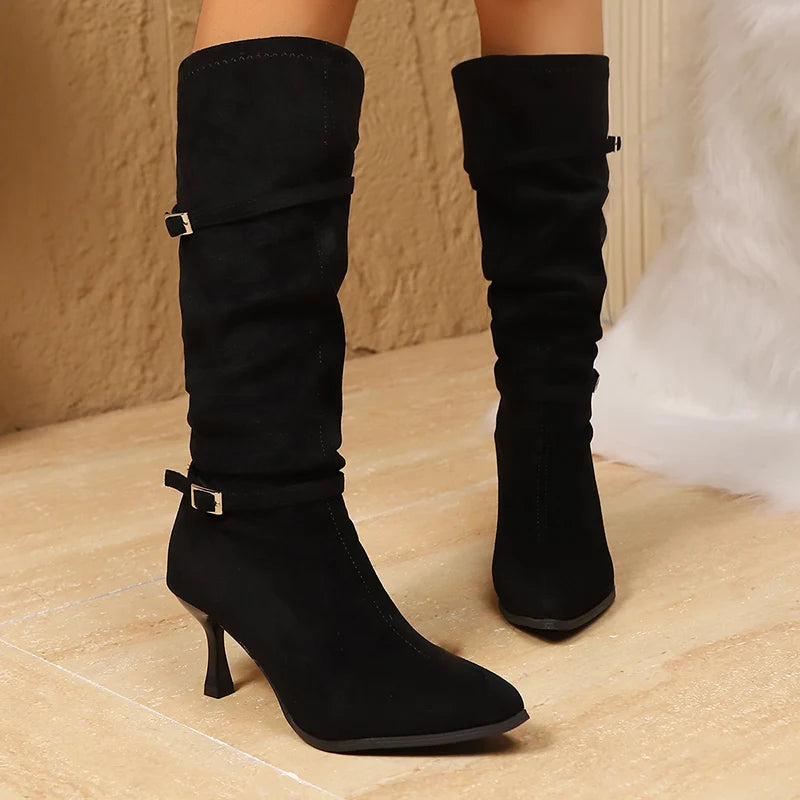 Fashion Buckle Thin High Heel Long Boots Women 2025 Plus Size Pointed Toe Knee High Boots Woman Slip On Autumn Winter Botas