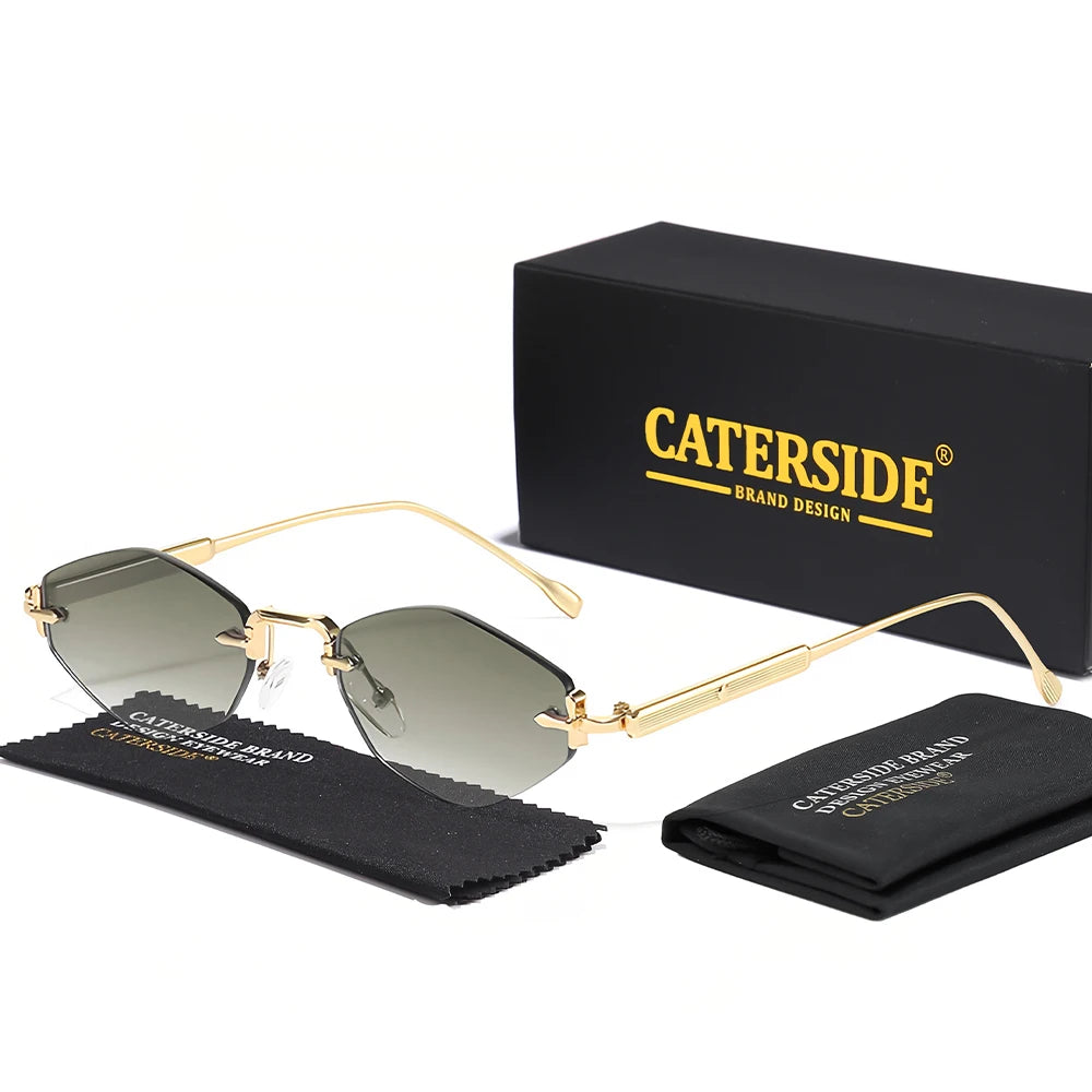 CATERSIDE Men's Small Frameless Sunglasses High-Quality Polygon Metal Frame Y2K Sun Glasses Women's Party Outdoor Glasses UV400