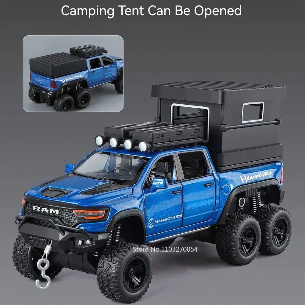 1:32 Scale Ram TRX Mammoth Pickup Car Model Diecast Alloy Toys with Sound Light Pull Back Doors Opened Camper Van Children's Toy