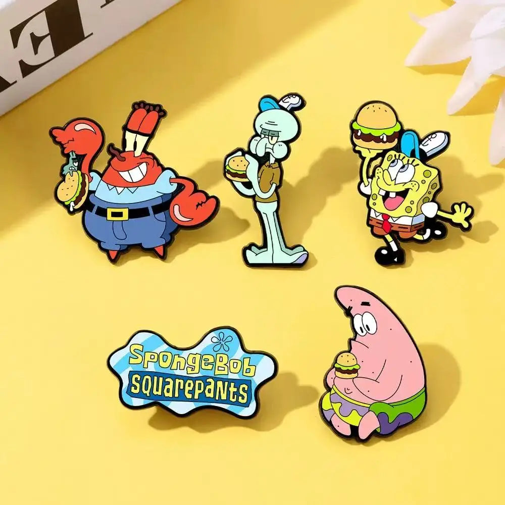 5pcs Sponge SquarePants Enameled Brooches Metal Badges Cute Jewelry Set for Bag Clothing Backpack Accessorizing Ideal Gift