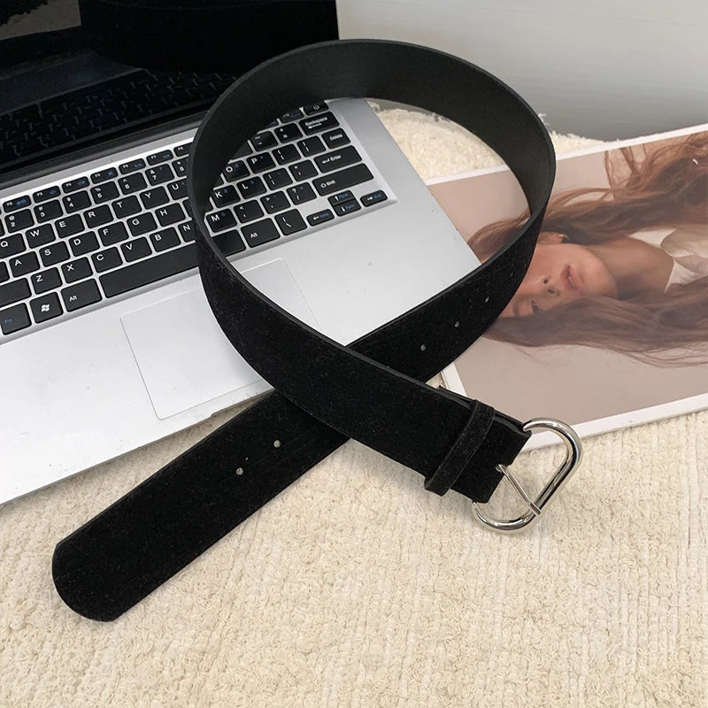 Retro Fashion Eye-Catching Suede Wide Belt With Metal Buckle Waist Belt Ins Versatile Decoration Belt