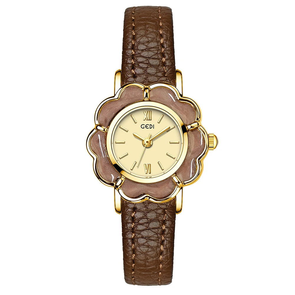 GEDI Fashion Ladies Small Watches Flower Dial Niche Minimalist Exquisite Vintage Leather Strap Quartz Watch Woman