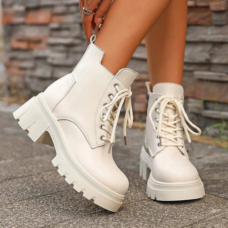 Classic Chunky Platform Ankle Boots Women Lace Up Warm Thicken Plush Winter Boots Woman Thick Sole Pu Leather Motorcycle Botas