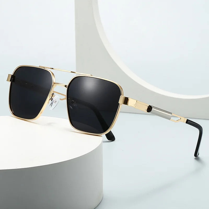 JNPCXI Fashion Double Bridges Square Sunglasses Women Retro Rivets Polarized Men Punk Sun Glasses Shades UV400