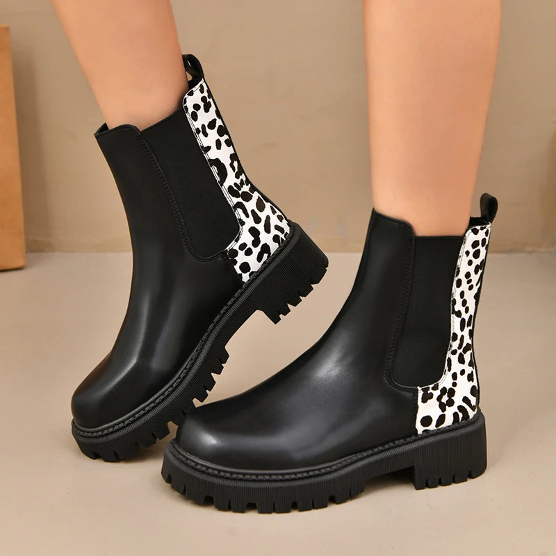 Fashion Leopard Print Platform Chelsea Boots Women Slip On Plus Size Thick Sole Ankle Boots Woman Pu Leather Short Booties Mujer