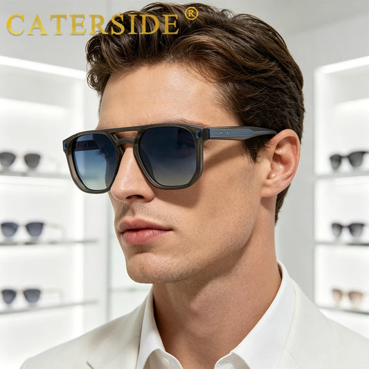 CATERSIDE Fashion Men Square Frame Sunglasses Flat Top Double Bridges Design Gradient Sun Glasses Women Business Travel Glasses