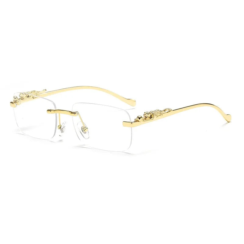 Rimless Square Fashion Fashion Glasses with Leopard Print Accents, Golden - Tone Metal Frame, Gradient Lenses