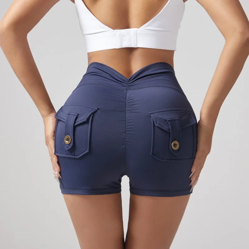 Shorts Wrinkled Tight Hip Tooling Pocket Solid Elastic Waist Yogurt Pant Legging Sets Workout Leggings for Women