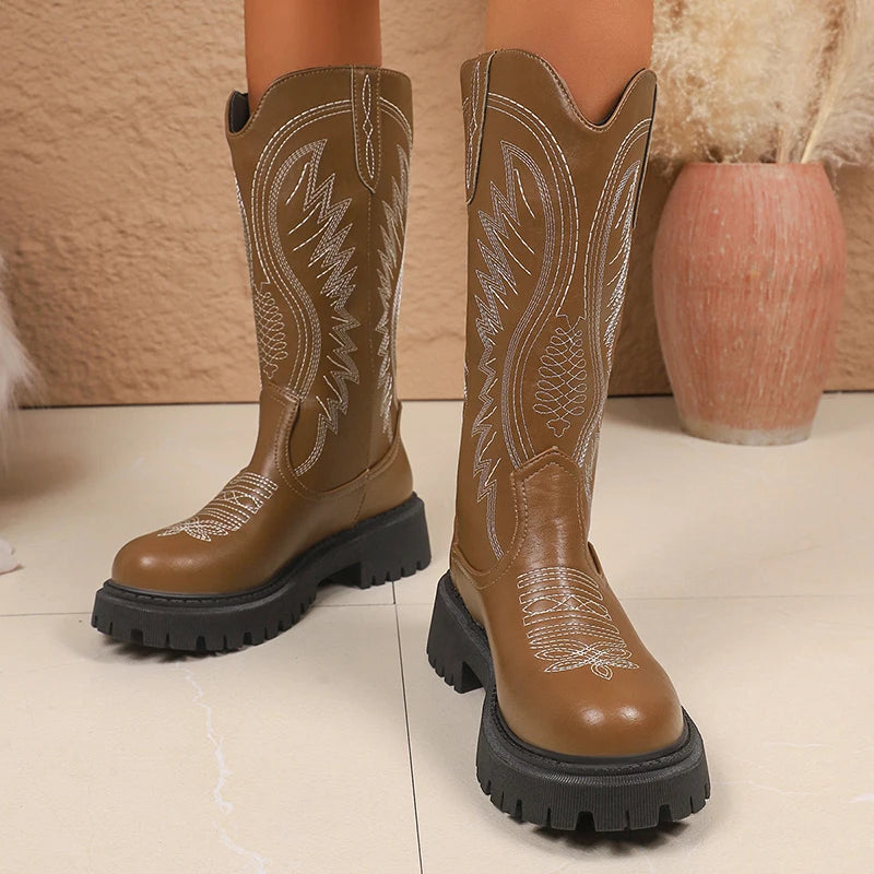 Brown Embroidery Platform Mid Calf Boots for Women Vintage Slip On Thick Sole Western Boots Woman Autumn Winter Pu Leather Botas