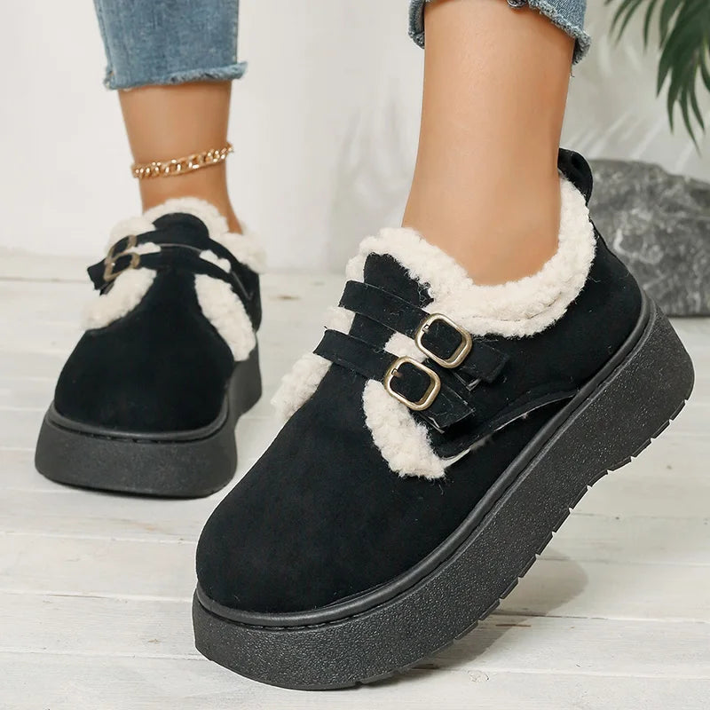 Thick Sole Plush Winter Cotton Shoes Women Fashion Buckle Non Slip Platform Snow Boots Woman Warm Fleece Lining Ankle Boots 42