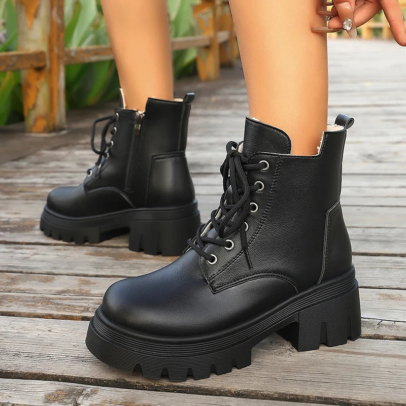 Classic Chunky Platform Ankle Boots Women Lace Up Warm Thicken Plush Winter Boots Woman Thick Sole Pu Leather Motorcycle Botas