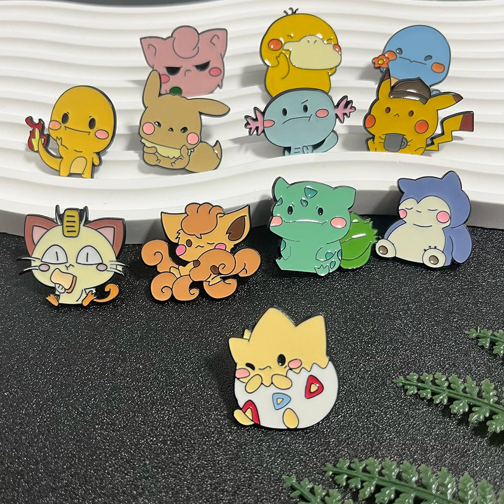 12pcs Anime Pokémon Brooch Set - Charmander Pikachu Eevee Meowth Wooper Vulpix Metal Badges Inspirational Jewelry Pins