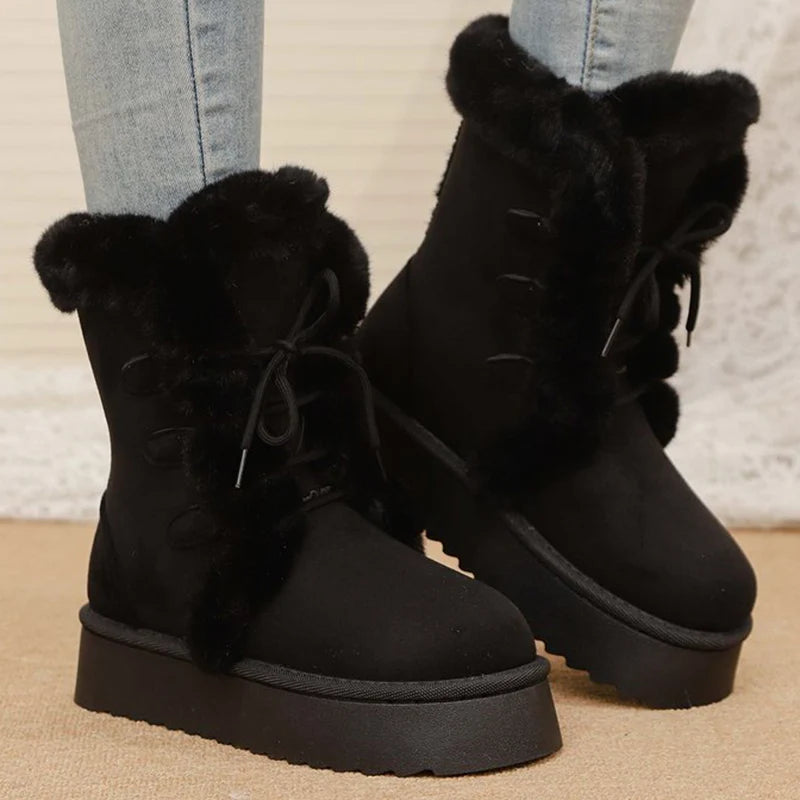 Lace Up Long Plush Snow Boots Women Plus Size 42 Thick Sole Warm Cotton Padded Shoes Woman Thicken Fleece Ankle Boots Female