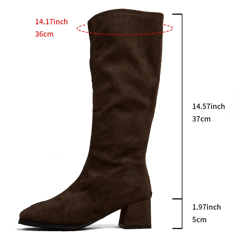 Fashion Black Thick High Heels Knee High Boots Women Back Zipper Flock Long Boots Woman Rubber Sole Plus Size Botas Mujer 43