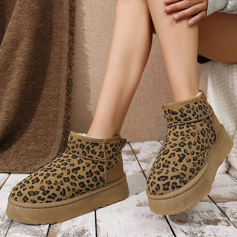 2025 Winter Leopard Snow Boots for Women Slip On Short Plush Warm Ankle Boots Woman Fashion Faux Suede Platform Booties Female