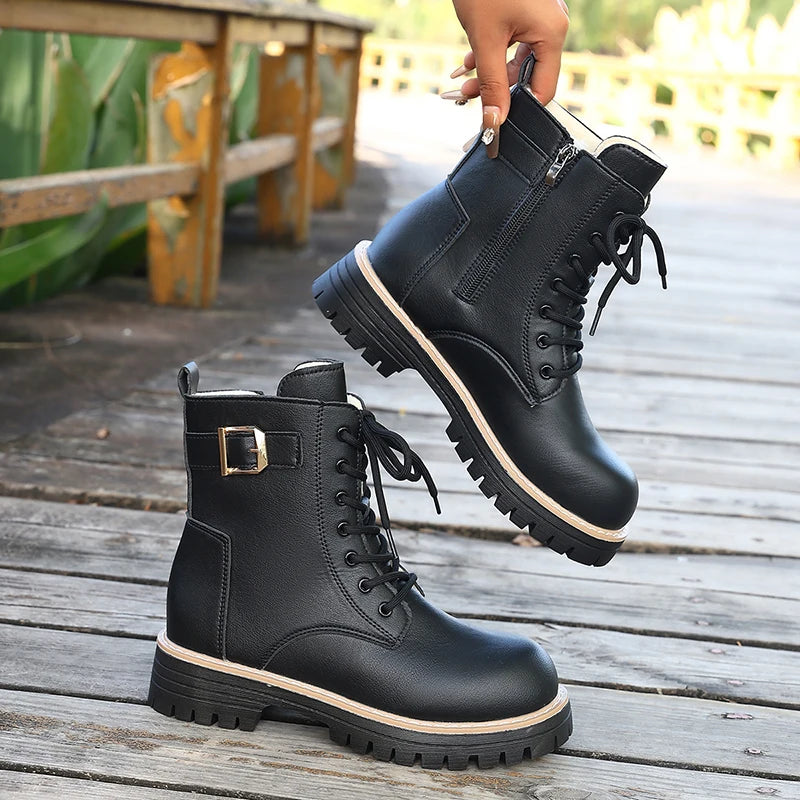Fashion Black Platform Motorcycle Boots Women Lace Up Warm Short Plush Ankle Boots Woman Buckle Thick Sole Pu Leather Botas 42