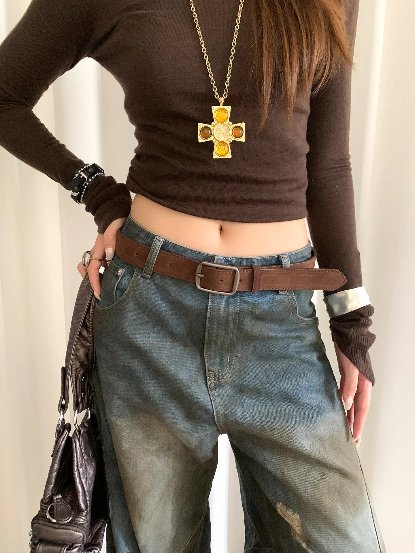 Korean Version Of Retro Velvet Brown Belt For Women A Small Number Of Skirts And Jeans Belts With A High-End Feel