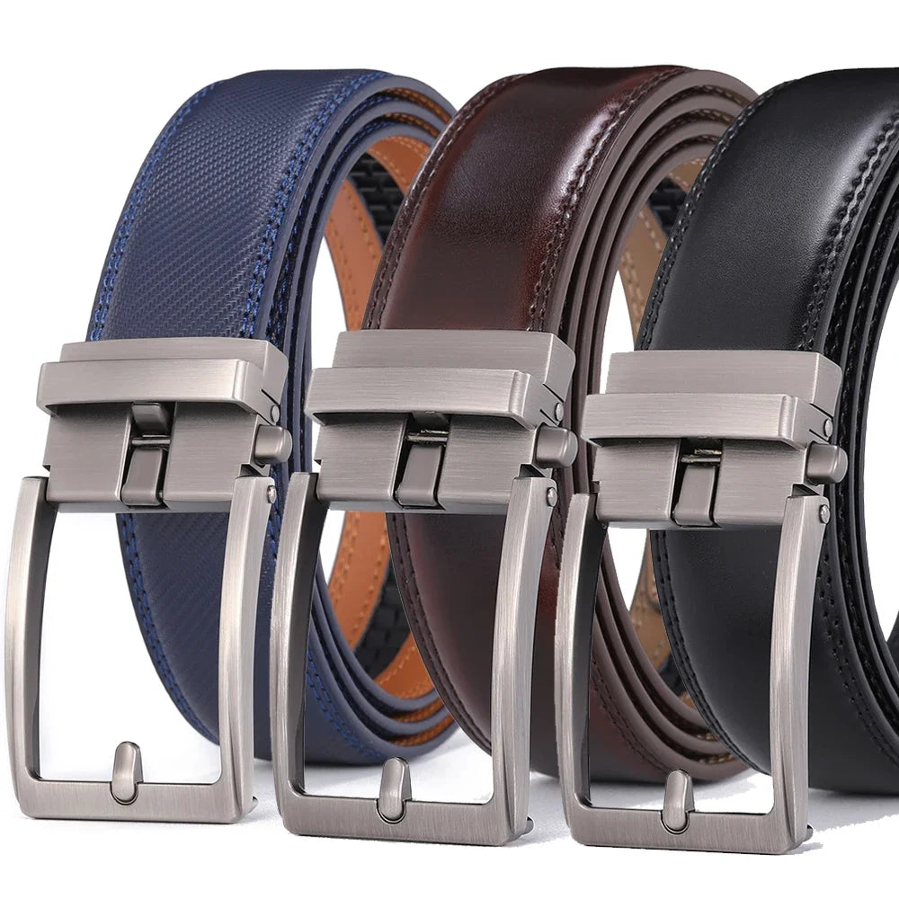 Brown Unisex Click Belt Genuine Leather Auto Buckle Luxury Strap for Men Jeans