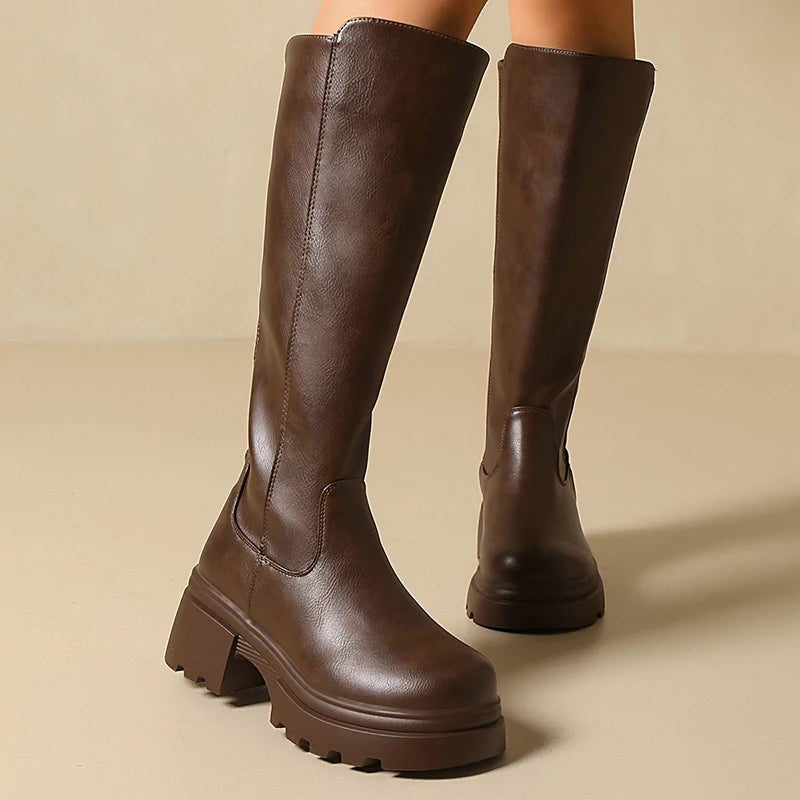 Streetwear Chunky Platform Knee High Boots Women Back Zipper High Heel Pu Leather Boots Woman Plus Size 42 Thick Sole Long Botas