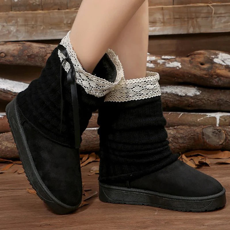 Sweet Lace Bowknot Snow Boots Women Faux Suede Knitted Snow Boots Woman Winter Platform Soft Soles Thick Warm Booties Female