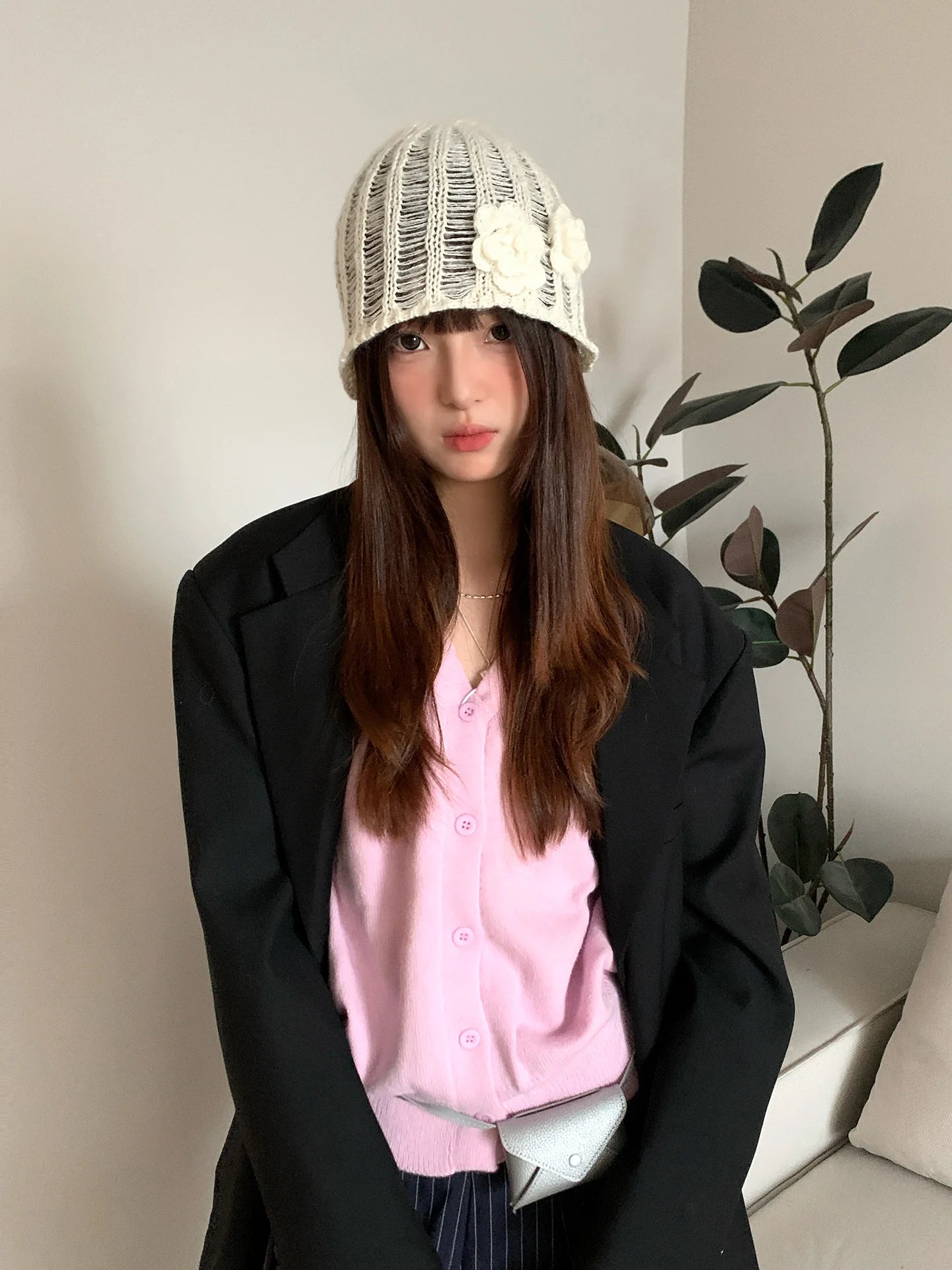 Retro Korean-Style Knitted Hat With Three-Dimensional Floral Cut-Outs Small-Scale Face-Flattering And Versatile For Summer