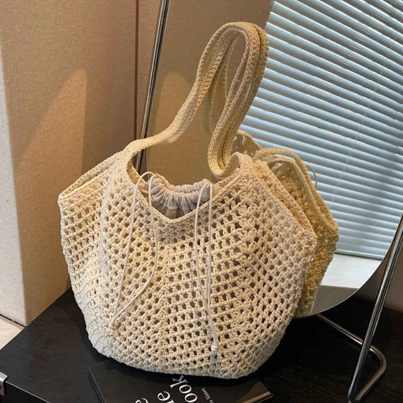 2026 Latest Summer Beach Straw Woven Tote Bag For Women 2-IN-1 Hollow-out Lightweight Large Capacity Shopper Shoulder Bag Female