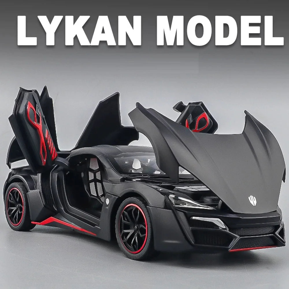1:24 LYKAN SUPERCAR SRT Hellcat Model Toys Car Diecast Alloy Vehicle Doors Opened Sound Light Pull Back Rubber Tire Toy Gift Kid