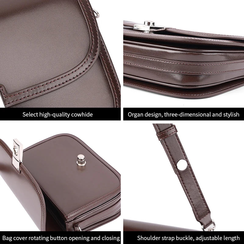 Genuine Cowhide Leather Flap Crossbody Bag for Women Vintage Saddle Shoulder Bag with Silver Lock Luxury Designer Messenger bags