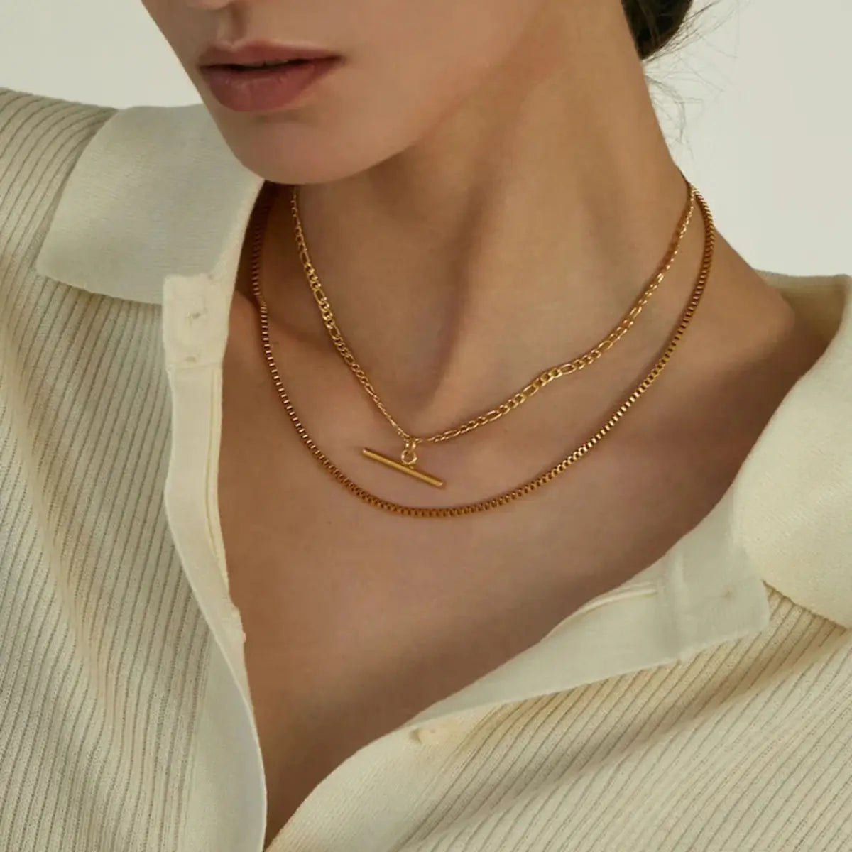 Uworld New 18K Gold Color Plating Figaro Cuban Chain T-bar Pendant Necklace Stainless Steel T-bar Pendant Necklace For Women