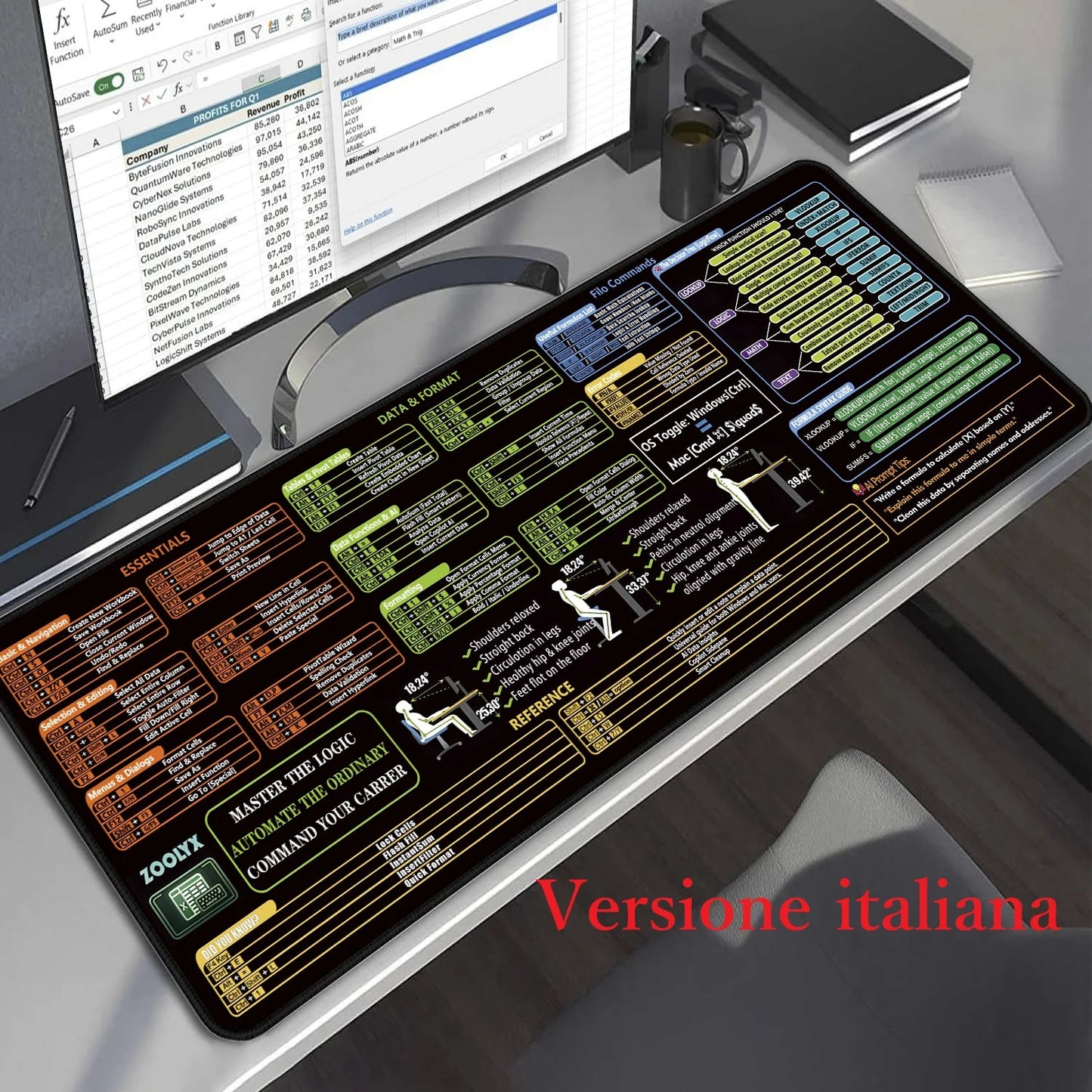 Italy Version ,Excel Shortcuts Mouse Pad for CPAS, Finance ,Excel Cheat Sheet Desk Pad with AI Prompt Tips & XLOOKUP Guide