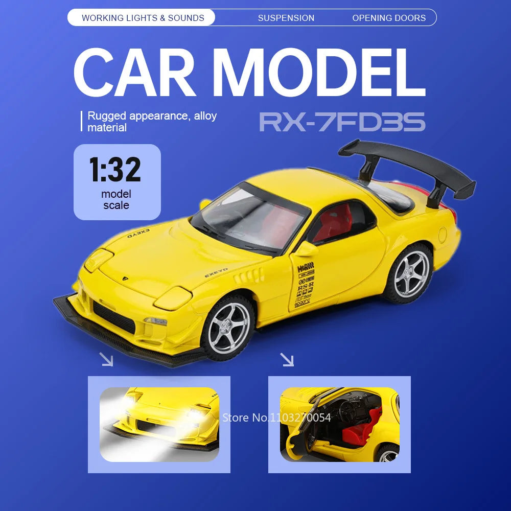 1:32 RX-7 FD3S MX-5 Miniature Model Toys Diecast Alloy Car Front Wheel Steering with Sound Light Pull Back Vehices Children Gift