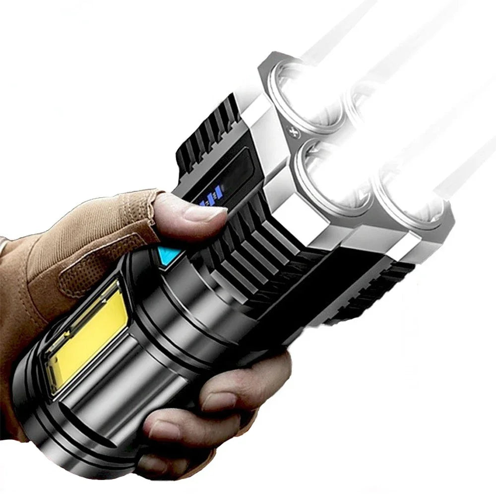 LED Flashlights Camping Torch With 4 Lamp Beads & COB Side Light Rechargeable