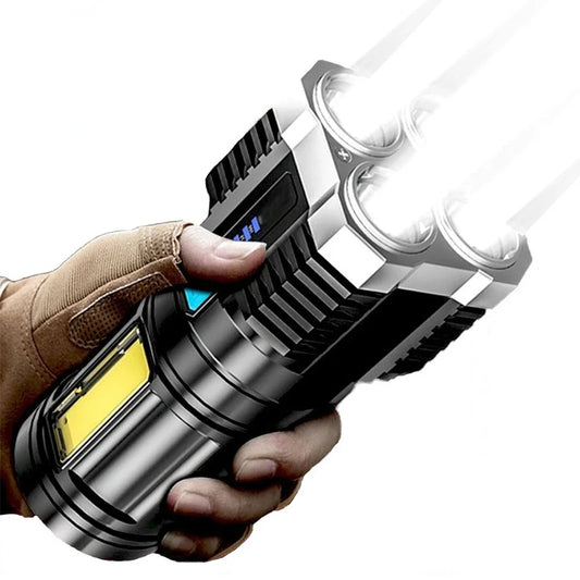 LED Flashlights Camping Torch With 4 Lamp Beads & COB Side Light Rechargeable