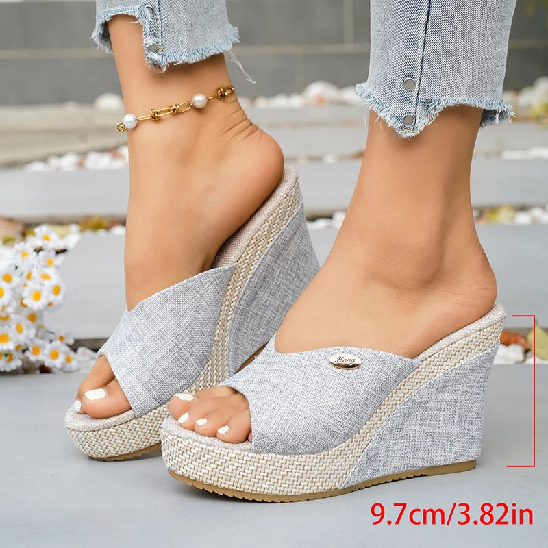 Plus Size 42 Chunky Platform Slippers Women 2026 Summer Slip On Wedge Heel Sandals Woman Fashion Peep Toe Thick Sole Sandalias