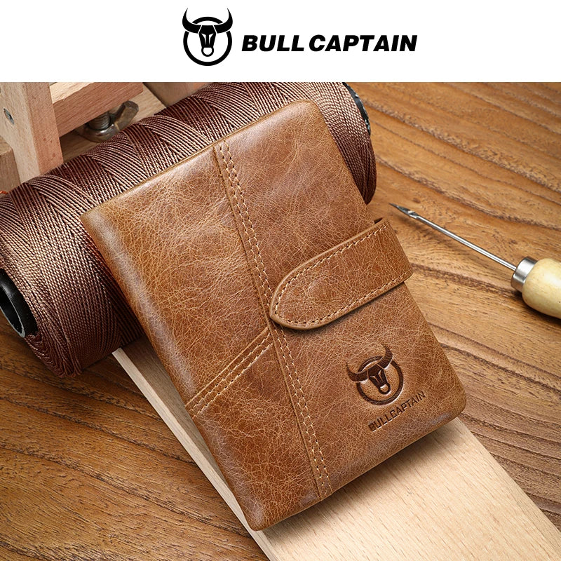BULLCAPTAIN Men's Genuine Leather Wallet Retro Casual Snap Tri-fold Cash Clip RFID Anti-Theft Card Holder Detachable Coin Holder