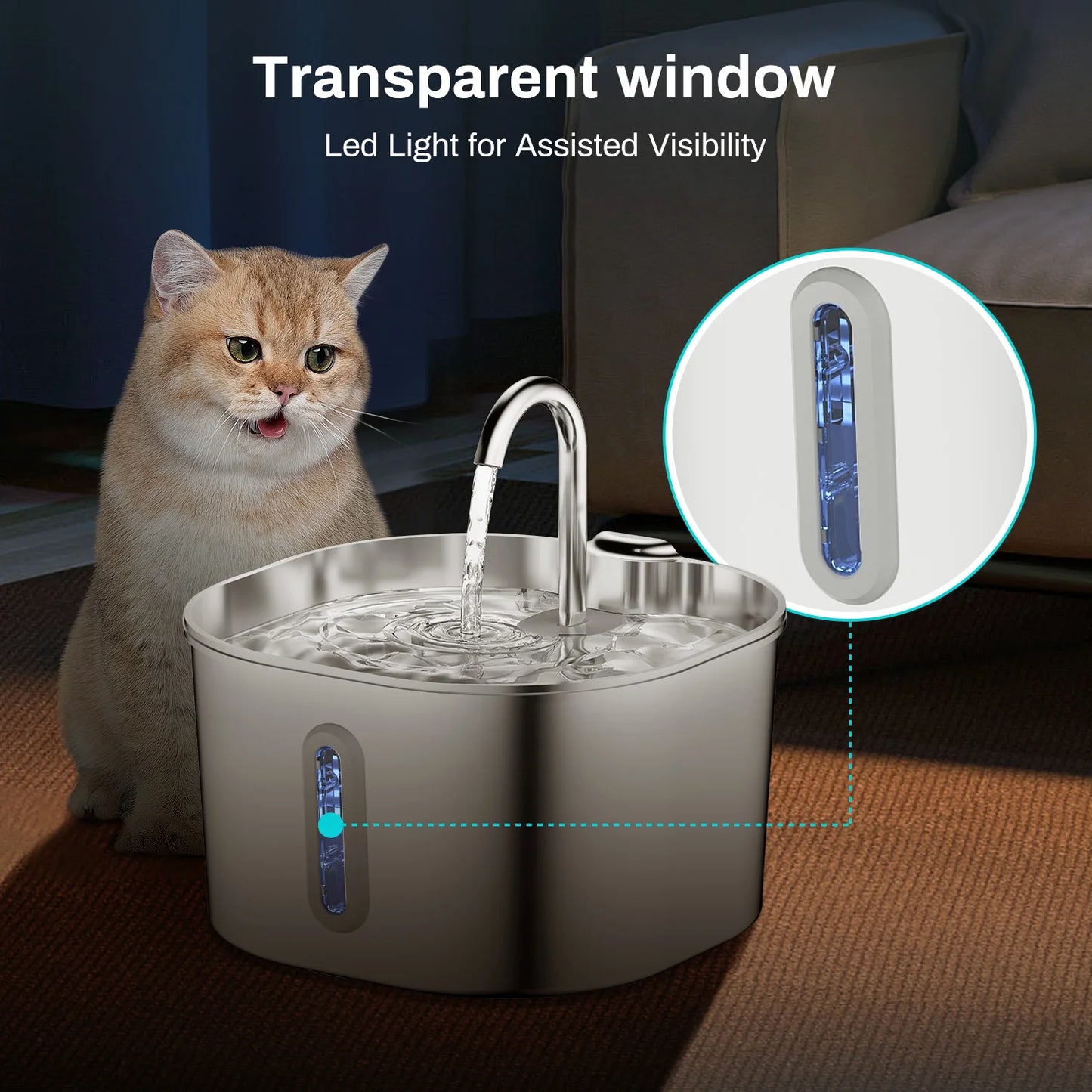 2.2L Automatic Cat Dog Water Fountain, Faucet Stainless Steel Filter Silent Pump