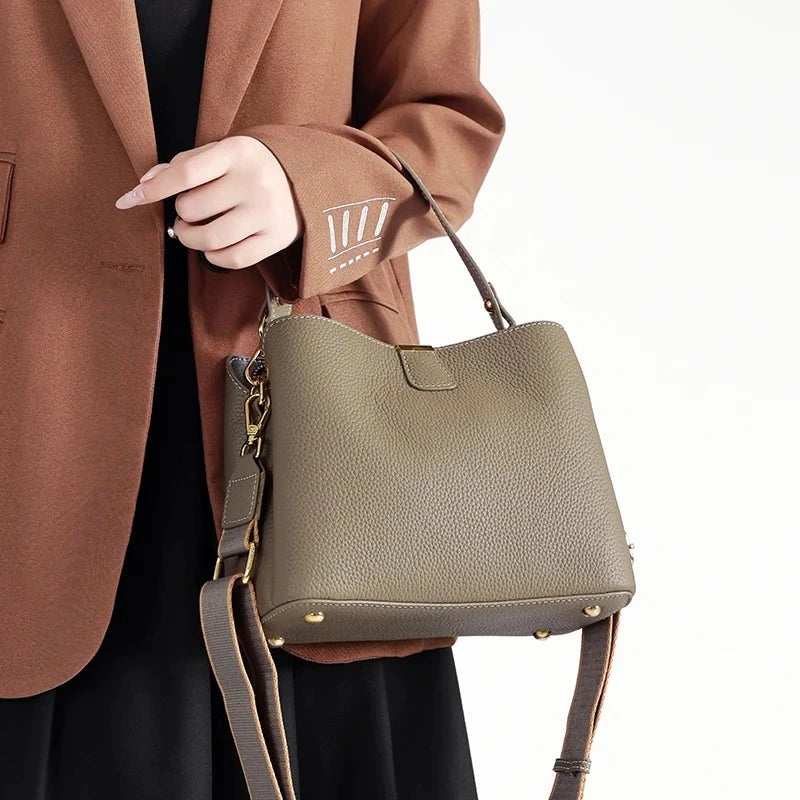 Genuine Cowhide Leather Bucket Bag for Women Luxury Designer Mini Top Handle Crossbody Shoulder Bag with Wide Strap Tote Bag