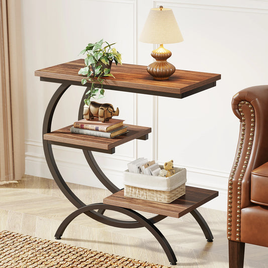 Tribesigns C-Shaped End Table, Industrial 3-Tier Small Table, Wood Snack Table