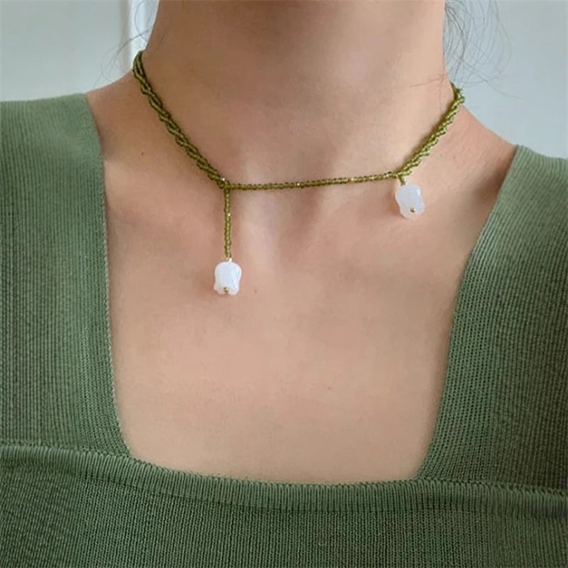 New Elegant Lily of The Valley Pendant Necklace Women Green Crystal Beads Sweater Chain Long Necklace Fashion Jewelry Collares