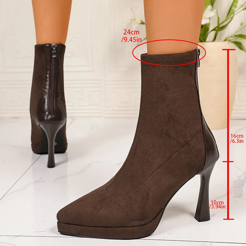 Sexy Pointed Toe Thin High Heels Boots Women Fashion Back Zipper Platform Ankle Boots Woman Super High Heeled Short Booties 42