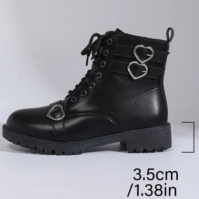 Metal Heart Buckle Ankle Boots for Woman Autumn Winter Lace Up Platform Short Boots Women Black Pu Leather Shoes Botas Mujer