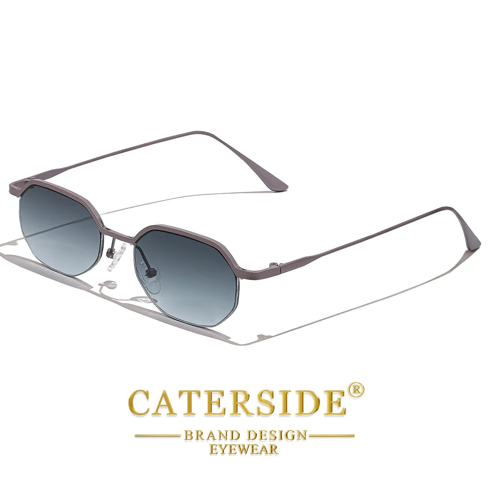 CATERSIDE Retro Polygon Sunglasses Men Metal Semi Rimless Sun Glasses Uv400 Women Outdoor Protection Driving Decorative Eyewear