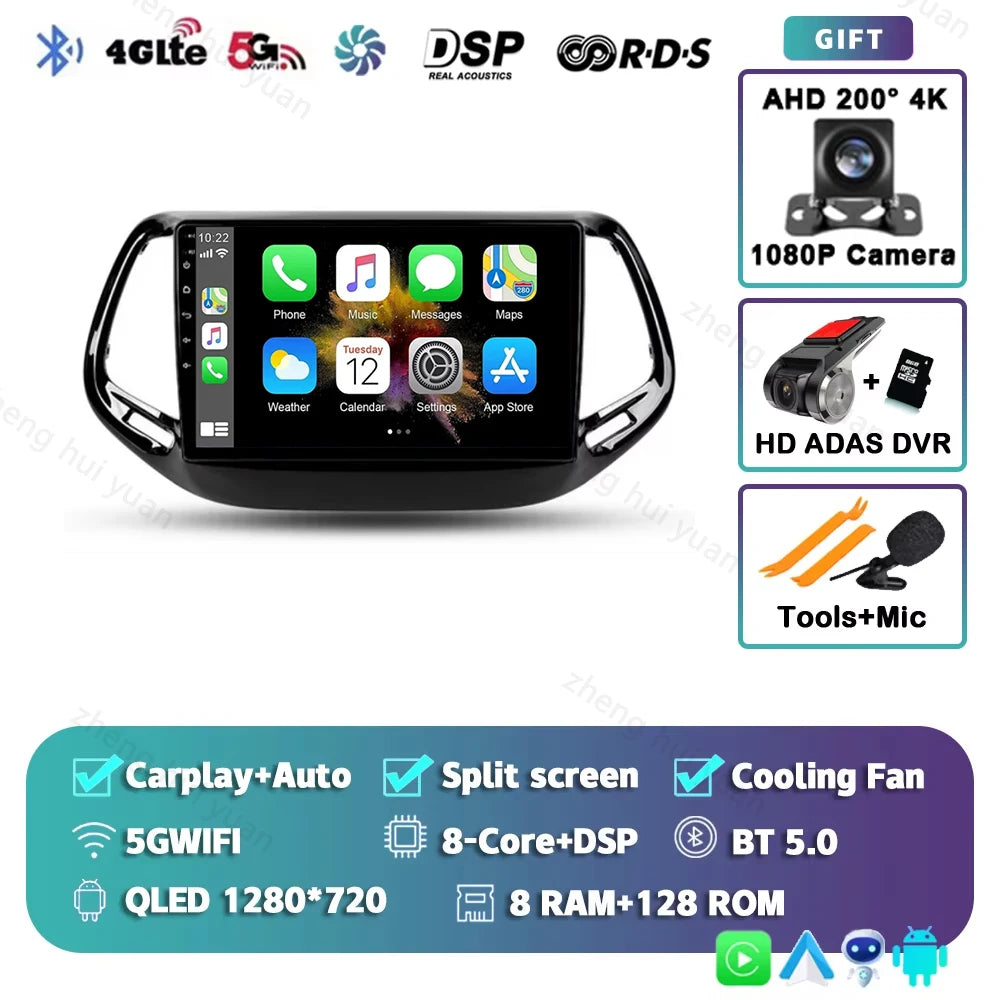 2K QLED For Jeep Compass 2 MP 2016 - 2018 Android 15 CarPlay Auto Car Radio Multimedia Video Player GPS stereo Head Unit 4G WIFI