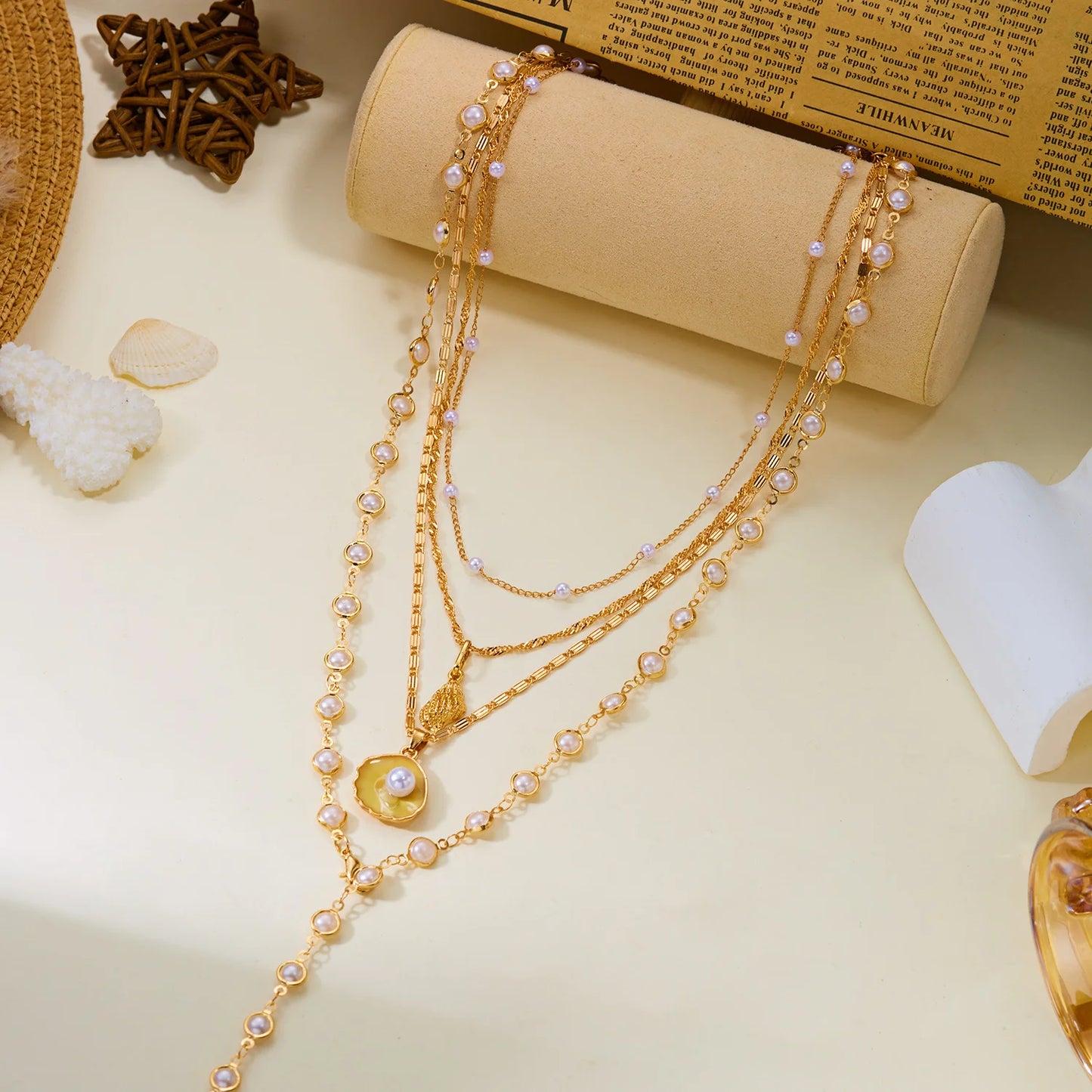 Layered Gold Starfish Pendant Necklace Women White Seed Bead Rope Cord Choker Boho Beach Summer Vacation Jewelry