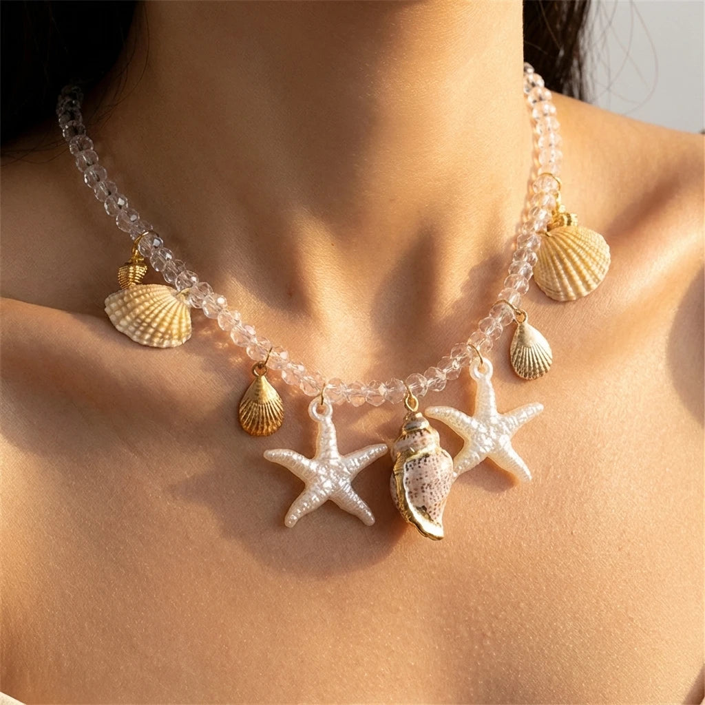 Elegant Faux Pearl Multi-Layer Necklace for Women Gold Color Clavicle Chain Shell Pendant Choker Fashion Jewelry