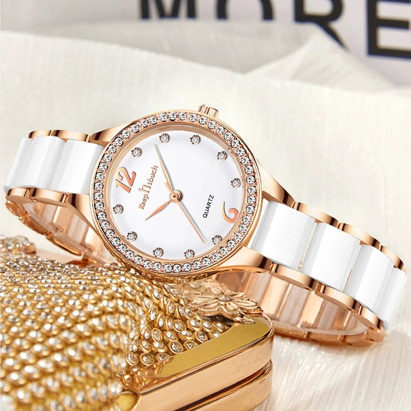 Round Dial Diamond Ladies Watch Waterproof Fashion Women's Watches Alloy Ceramic Quartz Women Wristwatches