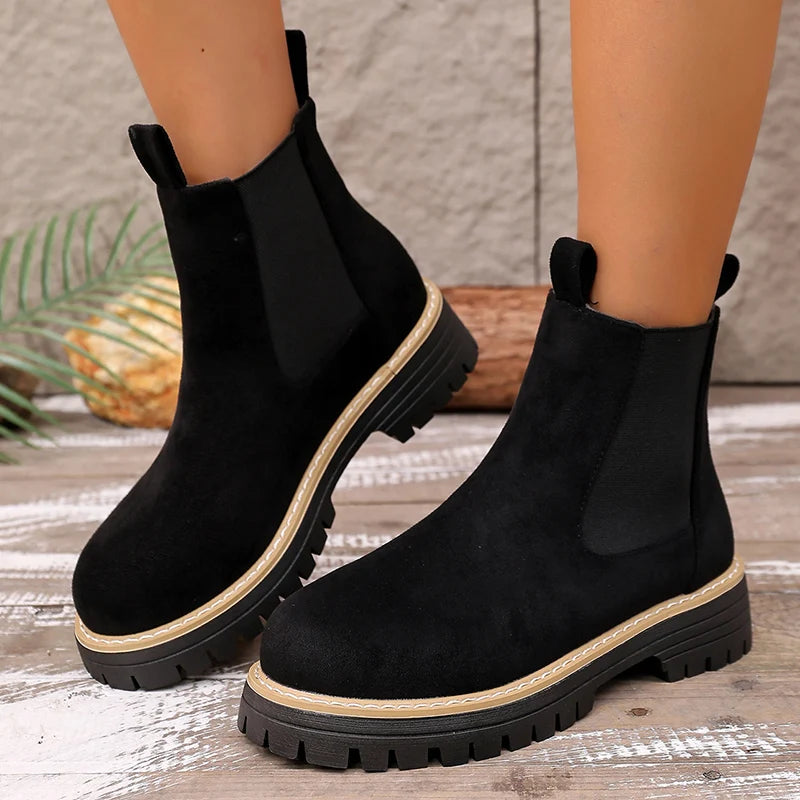 Classic Black Platform Ankle Boots Women Autumn Winter Faux Suede Chelsea Boots Woman Plus Size Slip On Short Booties Mujer 43