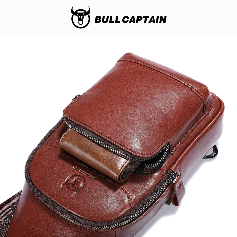 BULLCAPTAIN Men's Genuine Leather Chest Bag Multifunctional 7-inch Mobile Phone Bag Cowhide Casual Retro Shoulder Crossbody Bag